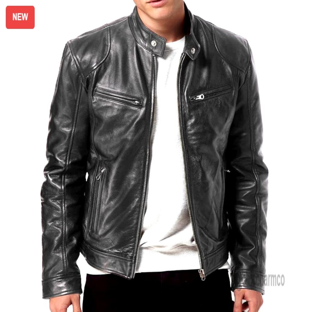 Vintage Lambskin Leather Motorcycle Biker Jacket Men's Genuine